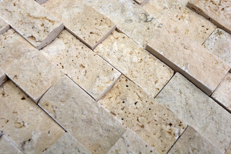 Muestra de mano mosaico pared de piedra Travertino piedra natural beige Ladrillo Splitface Chiaro Travertino 3D MOS43-46248_m