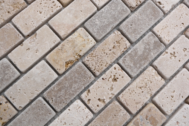 Muestra de mano mosaico azulejo travertino piedra natural beige marrón Ladrillo travertino tumbled MOS43-46474_m