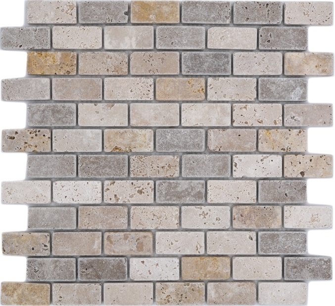 Muestra de mano mosaico azulejo travertino piedra natural beige marrón Ladrillo travertino tumbled MOS43-46474_m