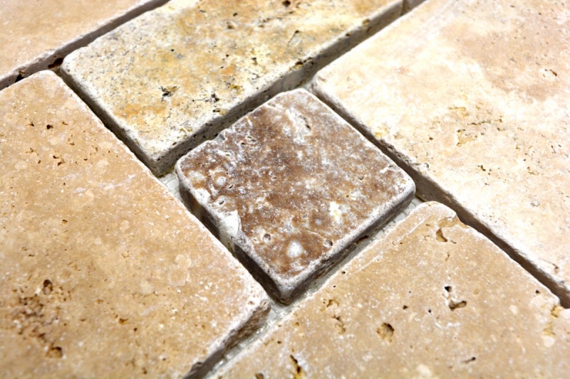 Muestra de mano mosaico azulejo backsplash travertino piedra natural beige marrón Mini Pattern Travertino MOS43-1204_m