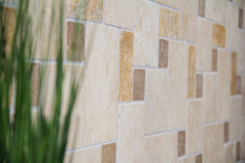 Muestra de mano mosaico azulejo backsplash travertino piedra natural beige marrón Mini Pattern Travertino MOS43-1204_m