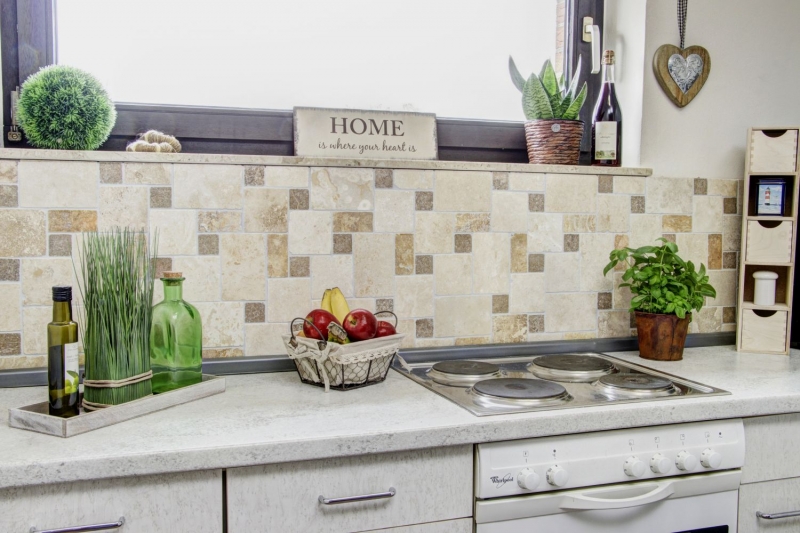 Muestra de mano mosaico azulejo backsplash travertino piedra natural beige marrón Mini Pattern Travertino MOS43-1204_m