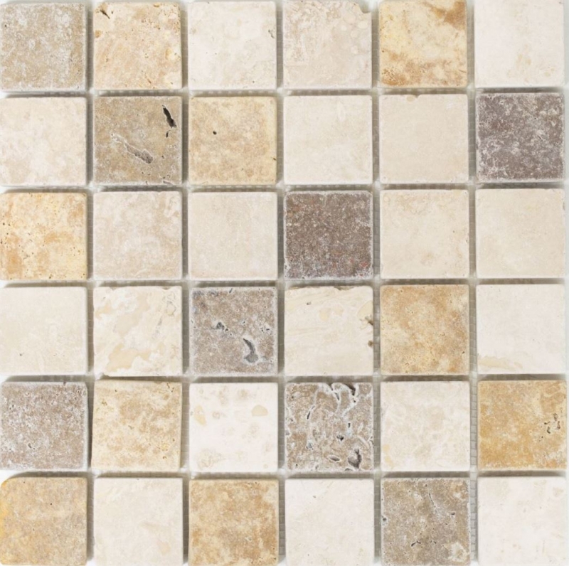 Muestra de mano mosaico azulejo backsplash travertino piedra natural beige marrón travertino tumbled MOS43-46685_m