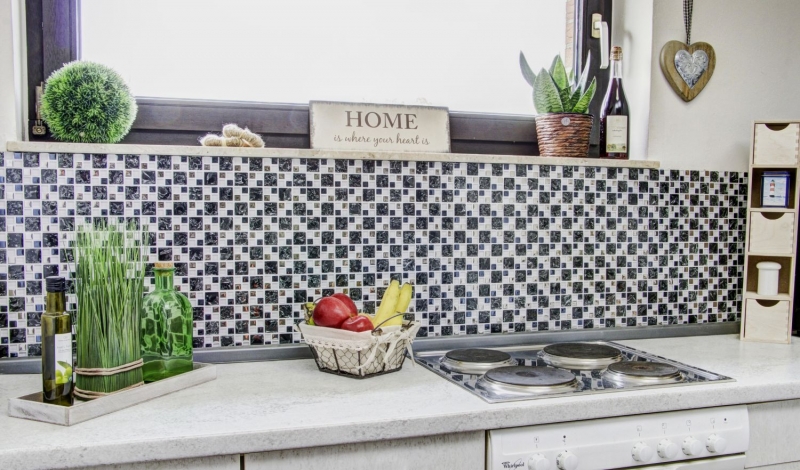 Muestra de mano mosaico azulejo translúcido negro plata combinación mosaico de vidrio Cristal EP negro claro plata MOS88-k1499_m