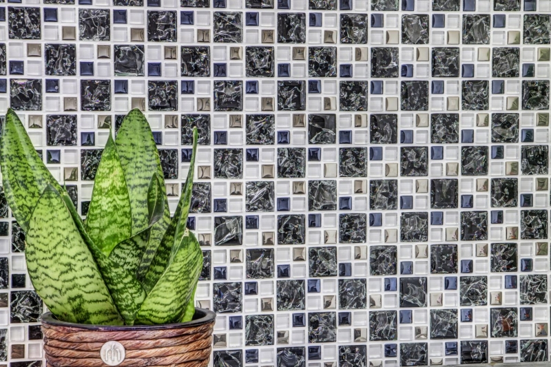 Muestra de mano mosaico azulejo translúcido negro plata combinación mosaico de vidrio Cristal EP negro claro plata MOS88-k1499_m