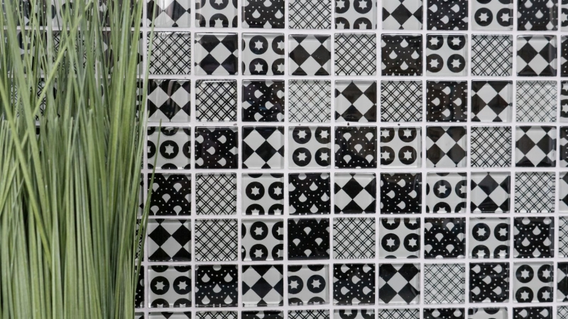 Muestra de mano retro vintage mosaico azulejo translúcido blanco vidrio mosaico cristal mirada negro MOS88-8OP5_m