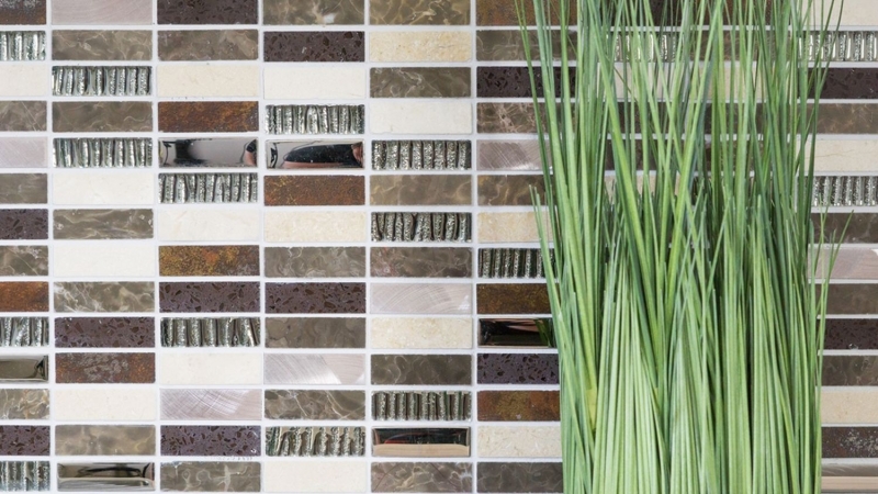 Muestra de mano mosaico azulejo translúcido compuesto aluminio beige marrón plata negro rectángulo mosaico de vidrio Cristal Piedra artificial Alu EP beige marrón MOS87-SM48_m