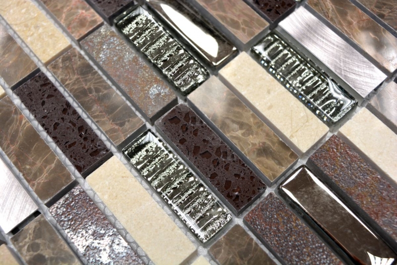 Muestra de mano mosaico azulejo translúcido compuesto aluminio beige marrón plata negro rectángulo mosaico de vidrio Cristal Piedra artificial Alu EP beige marrón MOS87-SM48_m