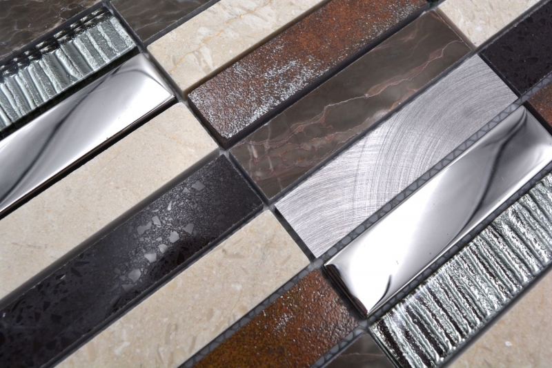Muestra de mano Mosaico compuesto translúcido Aluminio beige marrón plata negro Rectángulo Mosaico de vidrio Cristal Piedra artificial Alu EP beige marrón MOS87-48X_m