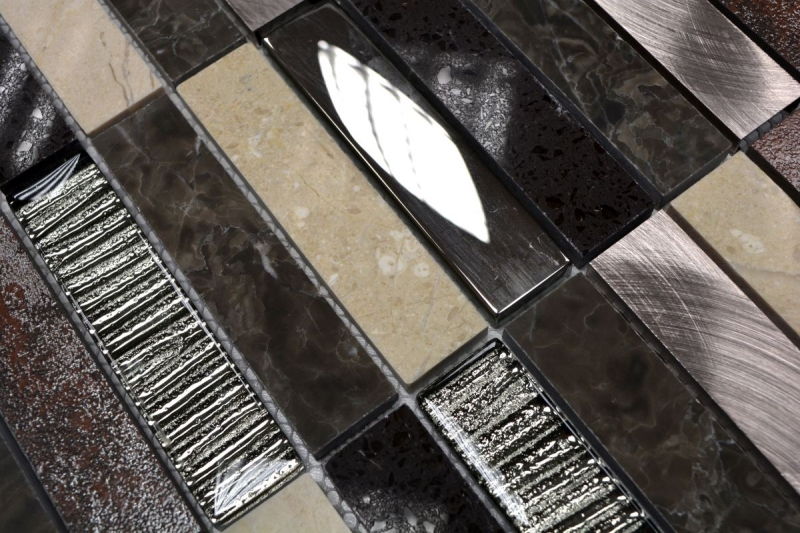 Muestra de mano Mosaico compuesto translúcido Aluminio beige marrón plata negro Rectángulo Mosaico de vidrio Cristal Piedra artificial Alu EP beige marrón MOS87-48X_m