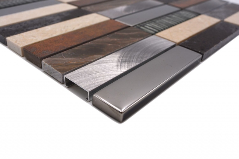 Muestra de mano Mosaico compuesto translúcido Aluminio beige marrón plata negro Rectángulo Mosaico de vidrio Cristal Piedra artificial Alu EP beige marrón MOS87-48X_m