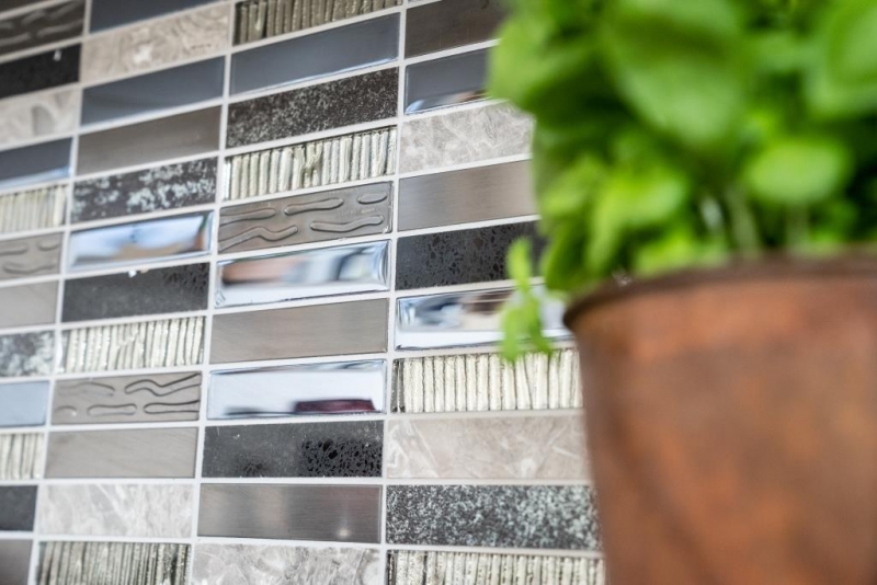Muestra de mano mosaico azulejo translúcido compuesto acero inoxidable plata gris negro rectángulo vidrio mosaico Cristal Piedra artificial acero EP negro MOS87-58X_m