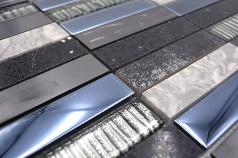 Muestra de mano mosaico azulejo translúcido compuesto acero inoxidable plata gris negro rectángulo vidrio mosaico Cristal Piedra artificial acero EP negro MOS87-58X_m