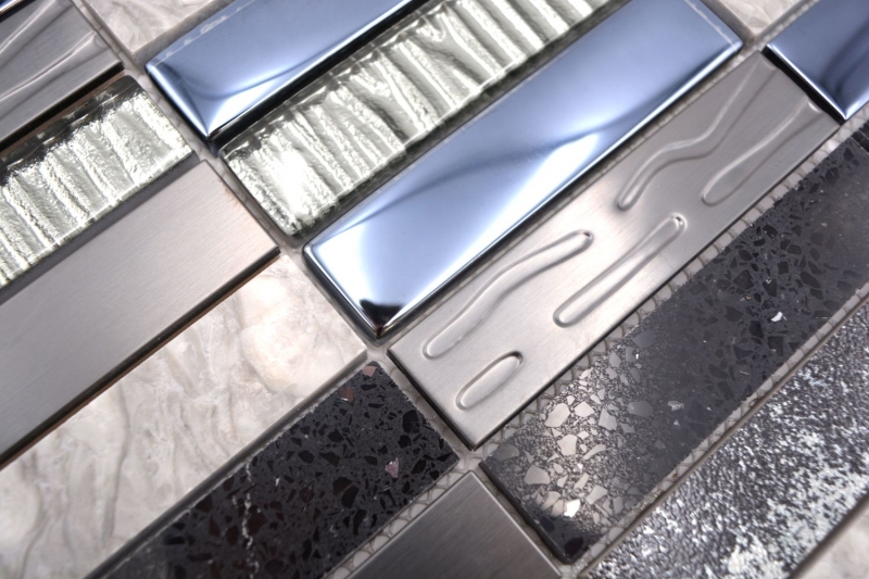 Muestra de mano mosaico azulejo translúcido compuesto acero inoxidable plata gris negro rectángulo vidrio mosaico Cristal Piedra artificial acero EP negro MOS87-58X_m