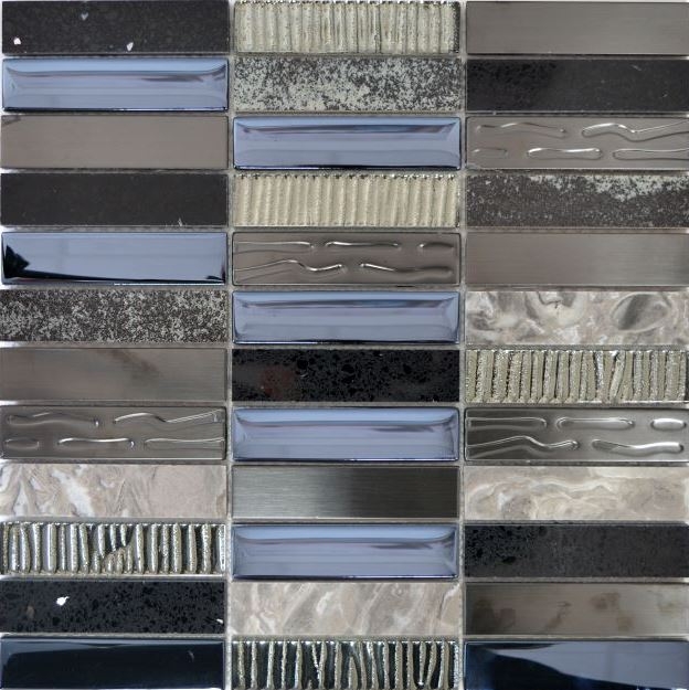 Muestra de mano mosaico azulejo translúcido compuesto acero inoxidable plata gris negro rectángulo vidrio mosaico Cristal Piedra artificial acero EP negro MOS87-58X_m