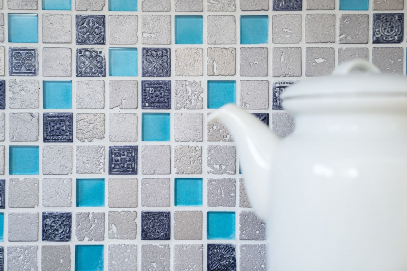 Muestra de mano azulejo mosaico Azulejo backsplash Translúcido azul-gris Mosaico de vidrio Cristal Resina azul-gris MOS82-0402_m