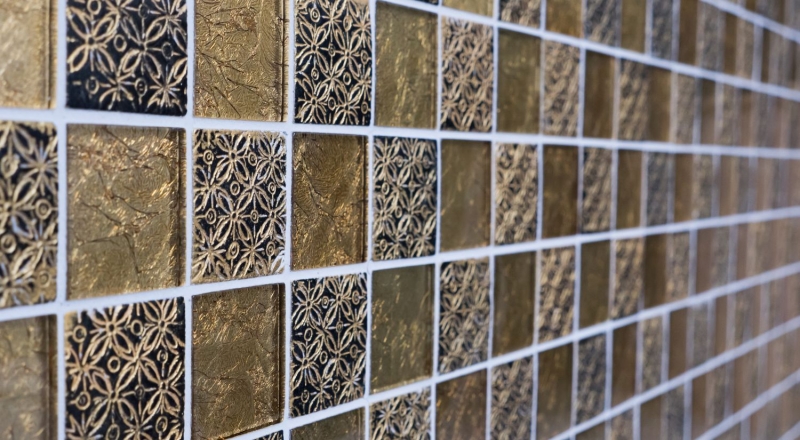 Muestra de mano azulejo mosaico Azulejo backsplash Oro translúcido Mosaico de vidrio Cristal Resina Óptica oro MOS88-8OP7_m