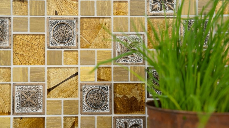 Muestra de mano mosaico azulejo Oro translúcido Combinación mosaico de vidrio Cristal Resina oro Adorno MOS88-0790_m