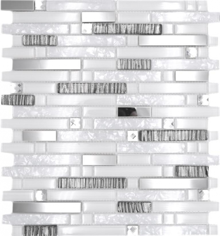 Muestra de mano mosaico azulejo translúcido acero inoxidable blanco compuesto mosaico de vidrio Cristal acero blanco vidrio MOS86-0104_m