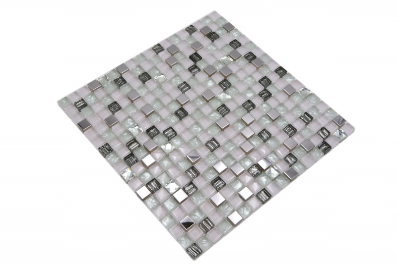 Muestra de mano mosaico azulejo translúcido acero inoxidable vidrio blanco mosaico Cristal acero vidrio blanco MOS92-0107_m