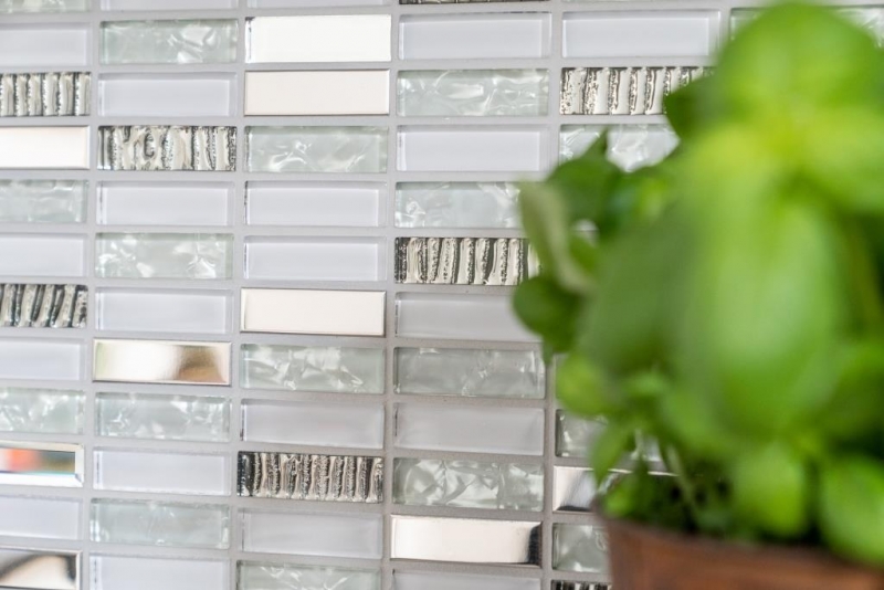 Muestra de mano mosaico azulejo translúcido acero inoxidable blanco varillas de vidrio mosaico Cristal acero blanco vidrio MOS87-0102_m