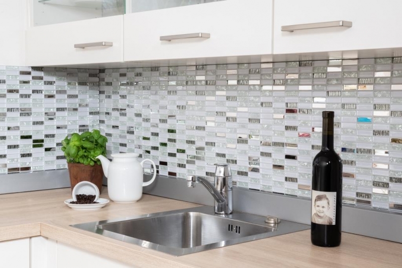Muestra de mano mosaico azulejo translúcido acero inoxidable blanco varillas de vidrio mosaico Cristal acero blanco vidrio MOS87-0102_m