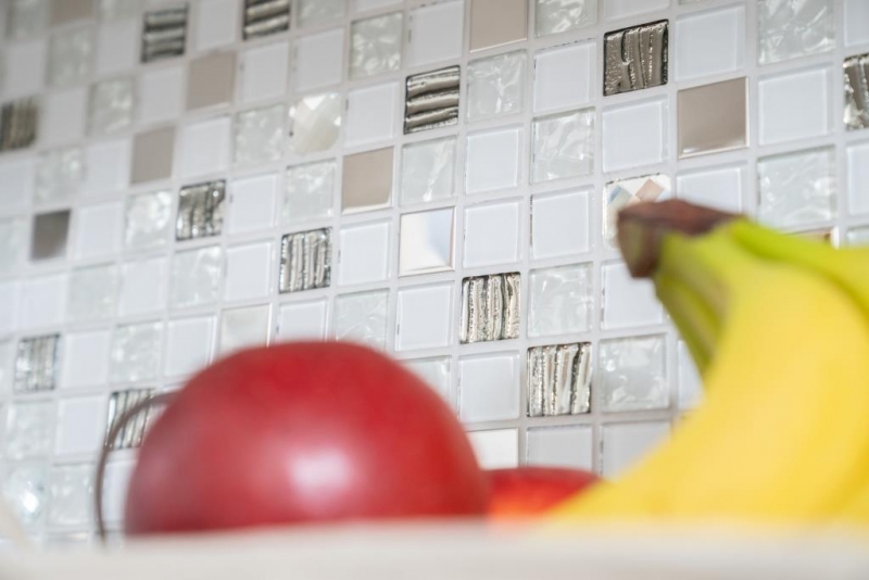 Muestra de mano mosaico azulejo espejo translúcido acero inoxidable vidrio blanco mosaico Cristal acero vidrio blanco MOS63-CM-424_m