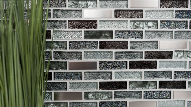 Muestra de mano mosaico azulejo translúcido acero inoxidable plata gris negro mosaico de vidrio compuesto Crystal acero plata gris negro MOS87-IL017_m