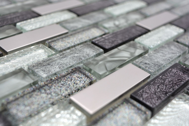 Muestra de mano mosaico azulejo translúcido acero inoxidable plata gris negro mosaico de vidrio compuesto Crystal acero plata gris negro MOS87-IL017_m