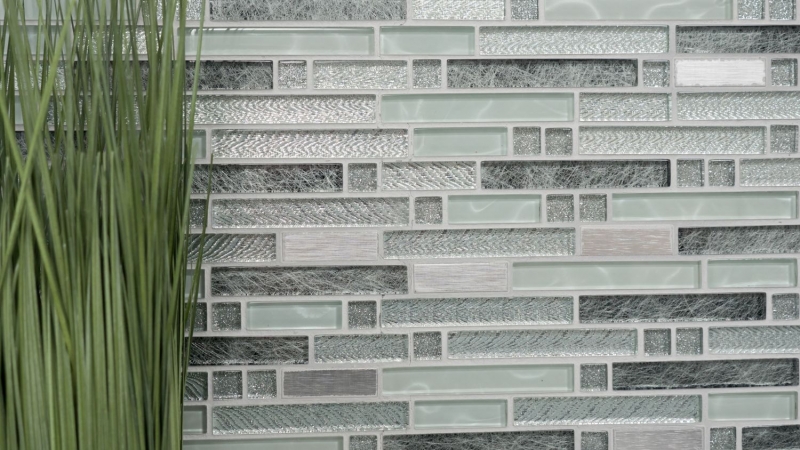 Muestra de mano mosaico azulejo Azulejo espejo translúcido acero inoxidable claro plata gris compuesto mosaico de vidrio Cristal acero claro plata gris MOS87-MV698_m