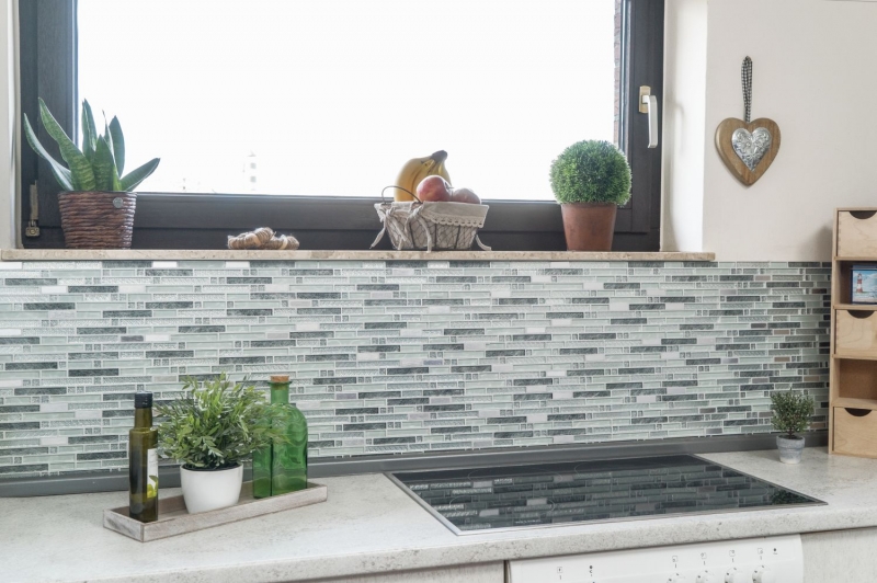 Muestra de mano mosaico azulejo Azulejo espejo translúcido acero inoxidable claro plata gris compuesto mosaico de vidrio Cristal acero claro plata gris MOS87-MV698_m