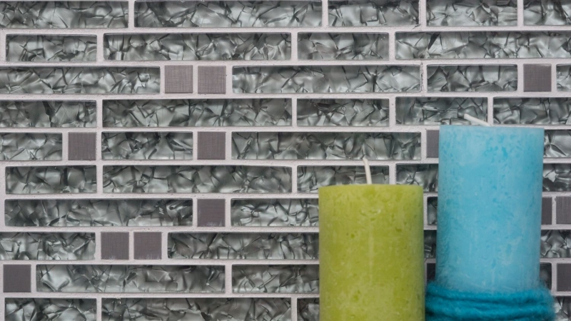 Muestra de mano mosaico azulejo Azulejo backsplash translúcido acero inoxidable verde gris compuesto mosaico de vidrio Cristal acero piedra verde gris MOS87-MV728_m
