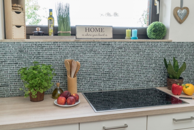 Muestra de mano mosaico azulejo Azulejo backsplash translúcido acero inoxidable verde gris compuesto mosaico de vidrio Cristal acero piedra verde gris MOS87-MV728_m