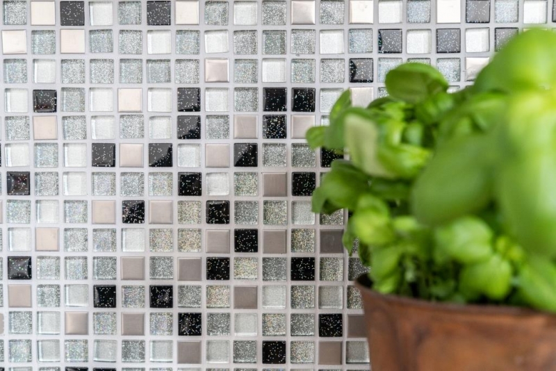 Muestra de mano mosaico azulejo Azulejo espejo translúcido acero inoxidable plata negro Mosaico de vidrio Cristal acero plata negro MOS92-0207_m