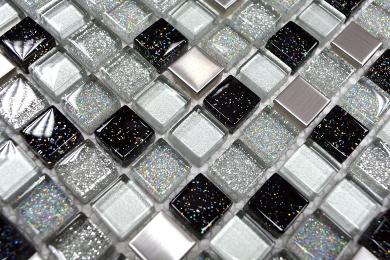 Muestra de mano mosaico azulejo Azulejo espejo translúcido acero inoxidable plata negro Mosaico de vidrio Cristal acero plata negro MOS92-0207_m