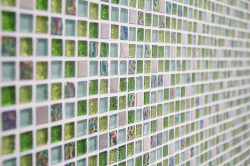 Muestra de mano mosaico azulejo Azulejo backsplash Acero inoxidable translúcido verde Mosaico de vidrio Cristal acero verde MOS92-0506_m
