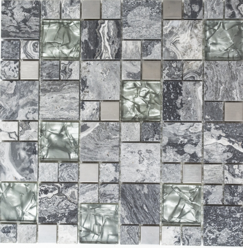 Muestra de mano mosaico azulejo azulejo backsplash translúcido acero inoxidable gris combinación vidrio mosaico cristal piedra acero gris MOS88-0204_m