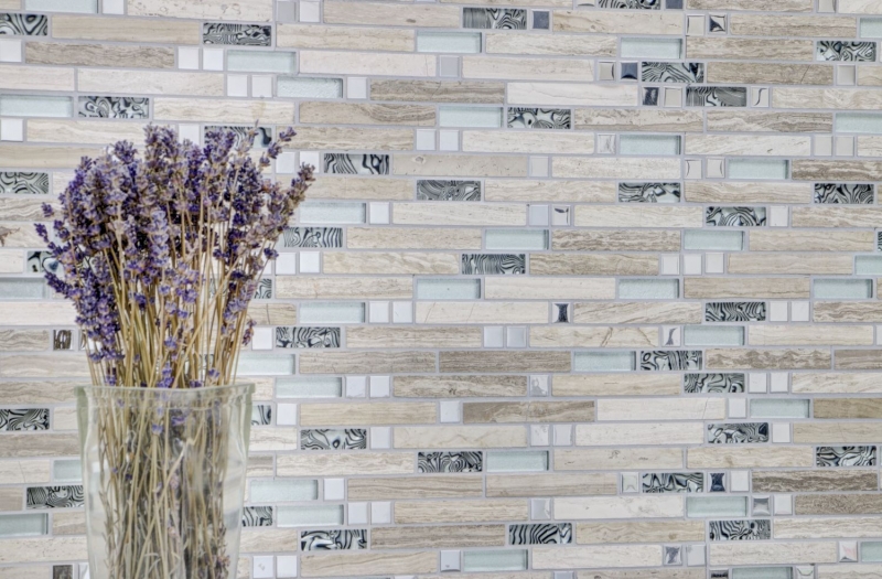 Muestra de mano mosaico azulejo azulejo backsplash translúcido acero inoxidable blanco madera compuesto vidrio mosaico cristal piedra acero madera blanco MOS86-0108_m