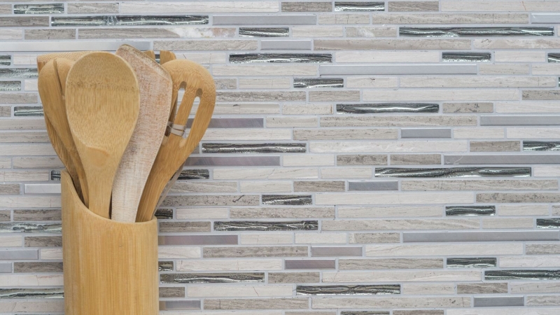 Muestra de mano mosaico azulejo azulejo backsplash translúcido acero inoxidable blanco madera compuesto vidrio mosaico cristal piedra acero madera blanco MOS86-SV85_m