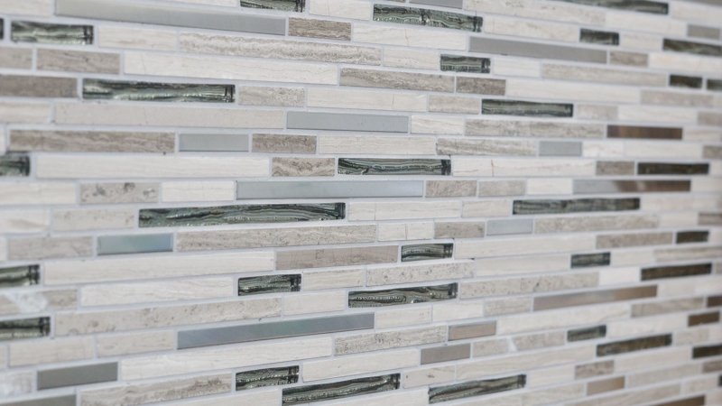 Muestra de mano mosaico azulejo azulejo backsplash translúcido acero inoxidable blanco madera compuesto vidrio mosaico cristal piedra acero madera blanco MOS86-SV85_m