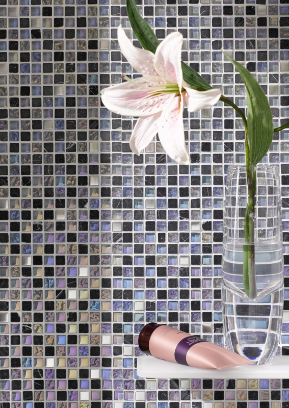 Muestra de mano azulejo mosaico Azulejo backsplash Acero inoxidable translúcido gris Mosaico de vidrio Piedra de cristal Acero gris MOS92-0206_m