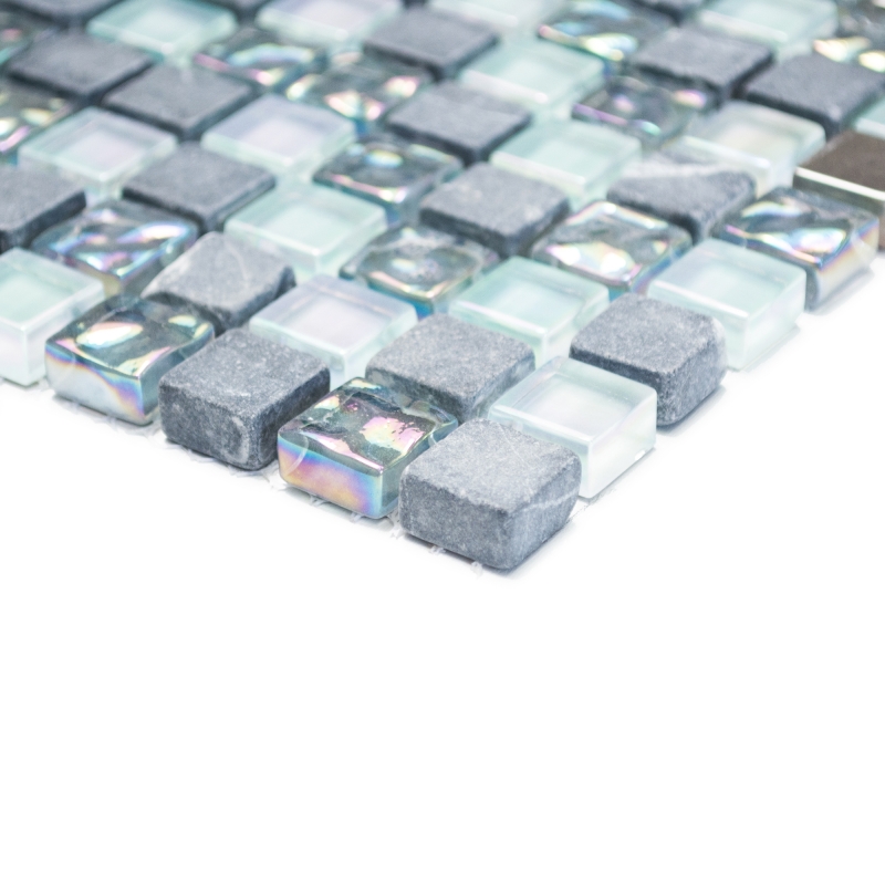 Muestra de mano azulejo mosaico Azulejo backsplash Acero inoxidable translúcido gris Mosaico de vidrio Piedra de cristal Acero gris MOS92-0206_m