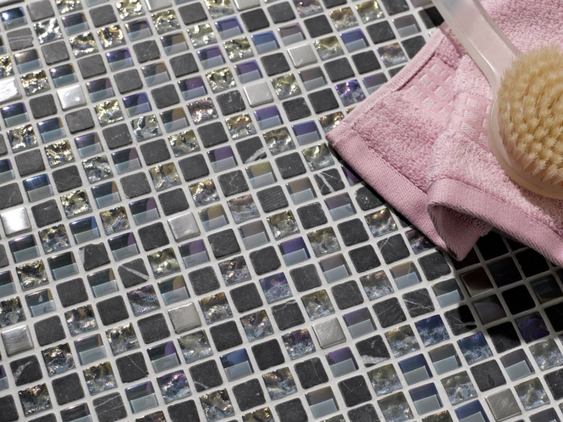 Muestra de mano azulejo mosaico Azulejo backsplash Acero inoxidable translúcido gris Mosaico de vidrio Piedra de cristal Acero gris MOS92-0206_m