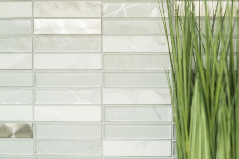 Muestra de mano mosaico azulejo azulejo backsplash acero inoxidable translúcido blanco rectángulo cristal mosaico piedra acero blanco MOS87-11X_m