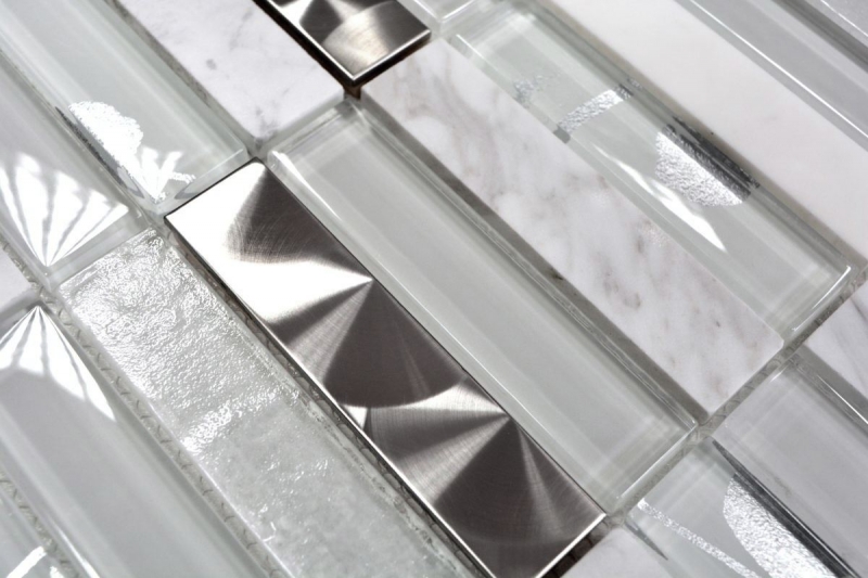 Muestra de mano mosaico azulejo azulejo backsplash acero inoxidable translúcido blanco rectángulo cristal mosaico piedra acero blanco MOS87-11X_m
