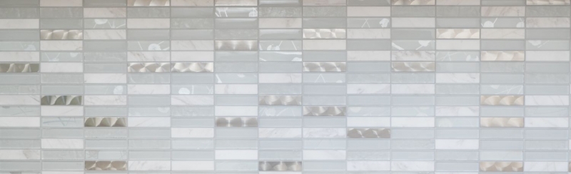 Muestra de mano mosaico azulejo azulejo backsplash acero inoxidable translúcido blanco rectángulo cristal mosaico piedra acero blanco MOS87-11X_m