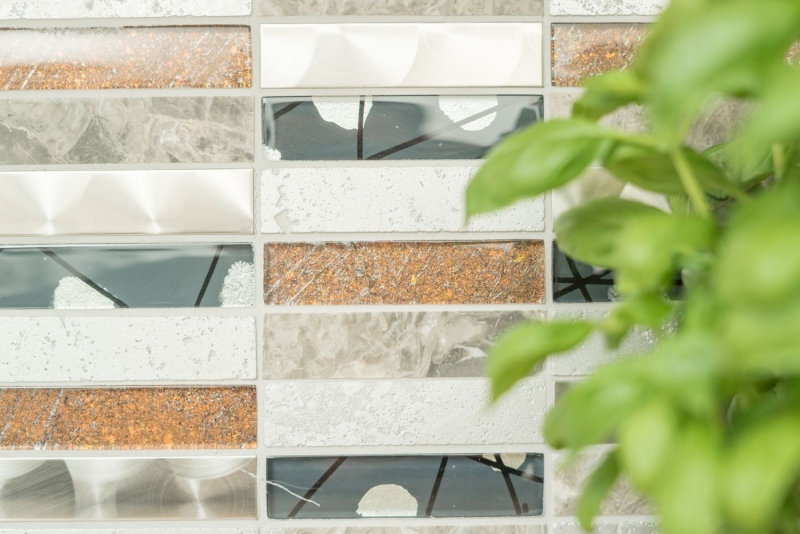 Muestra de mano mosaico azulejo azulejo backsplash acero inoxidable translúcido gris rectángulo cristal mosaico piedra acero resina gris MOS87-24X_m