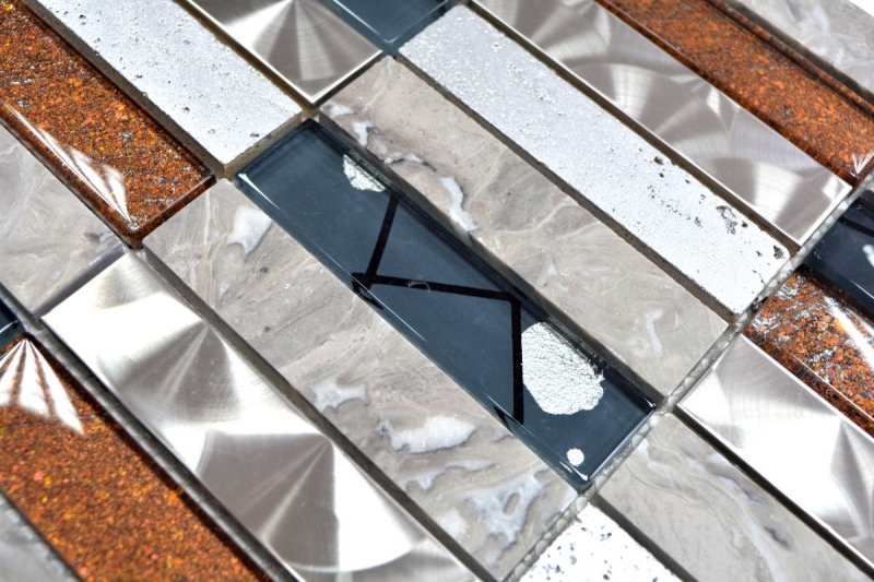 Muestra de mano mosaico azulejo azulejo backsplash acero inoxidable translúcido gris rectángulo cristal mosaico piedra acero resina gris MOS87-24X_m