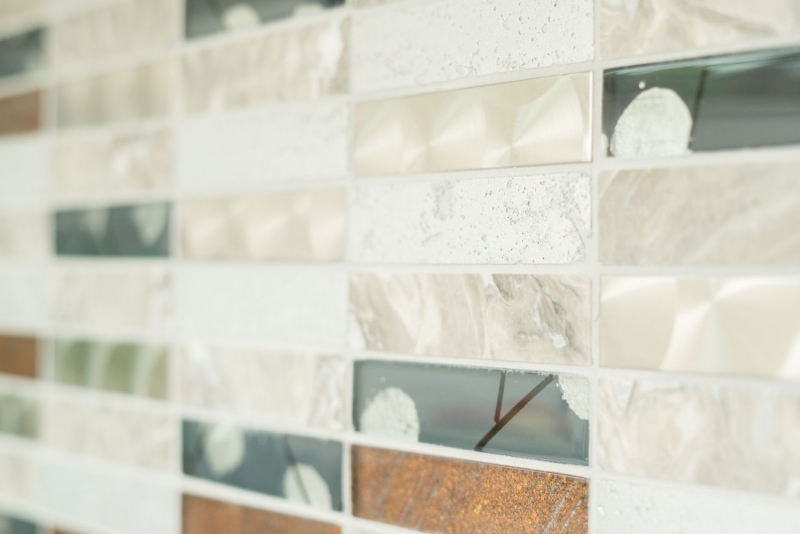 Muestra de mano mosaico azulejo azulejo backsplash acero inoxidable translúcido gris rectángulo cristal mosaico piedra acero resina gris MOS87-24X_m