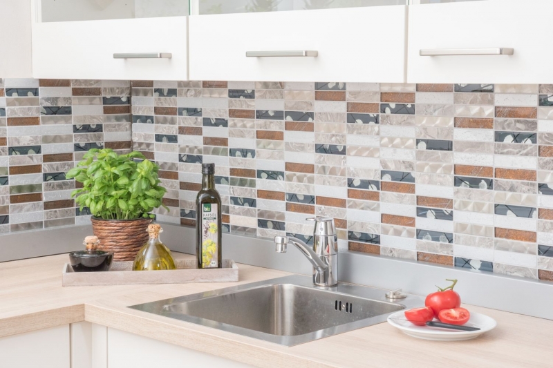 Muestra de mano mosaico azulejo azulejo backsplash acero inoxidable translúcido gris rectángulo cristal mosaico piedra acero resina gris MOS87-24X_m